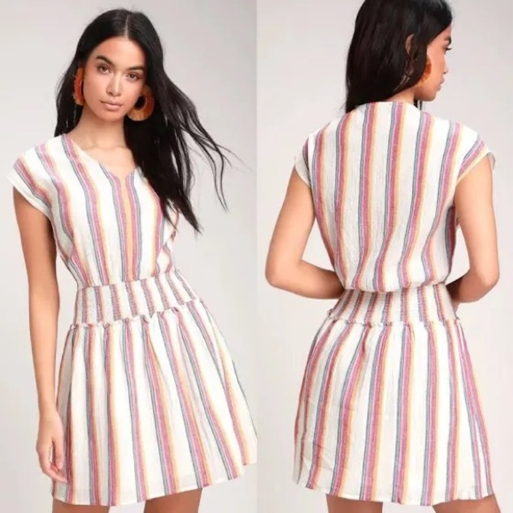 Lulus Bungalow Cream Multi Striped Mini Dress Smock Medium Cotton Coastal Beach